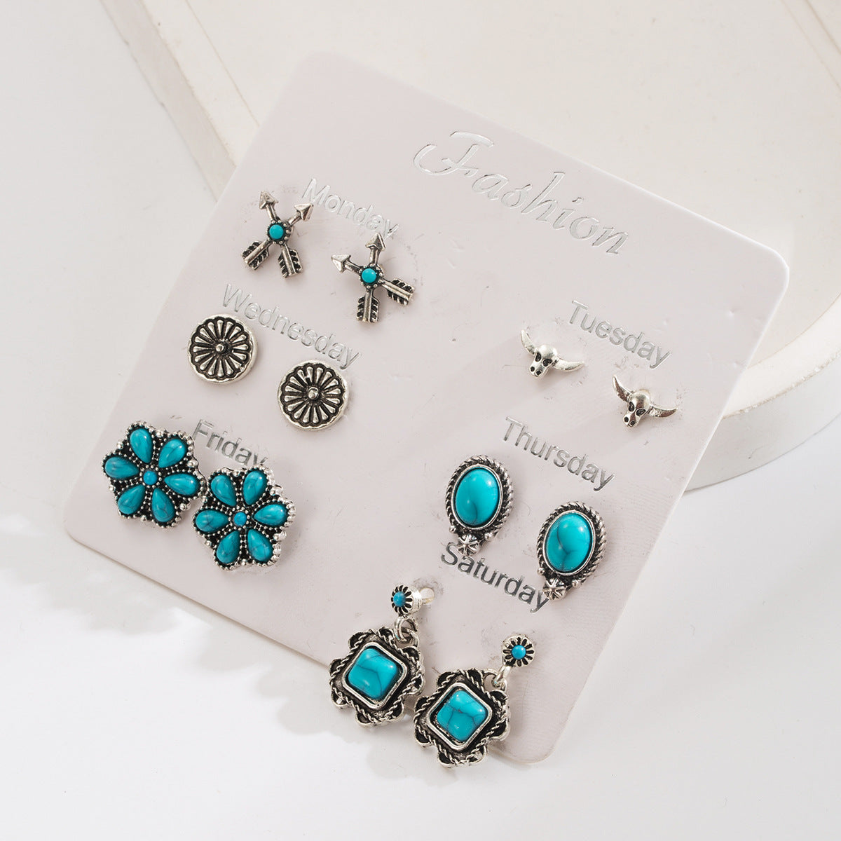 Wholesale  Exaggerated Western Ethnic Style Turquoise Earrings Flower Bull Head Pony Geometric Set Earrings Earrings for Women